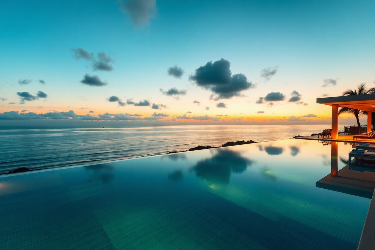 Piscina de borda infinita ao entardecer